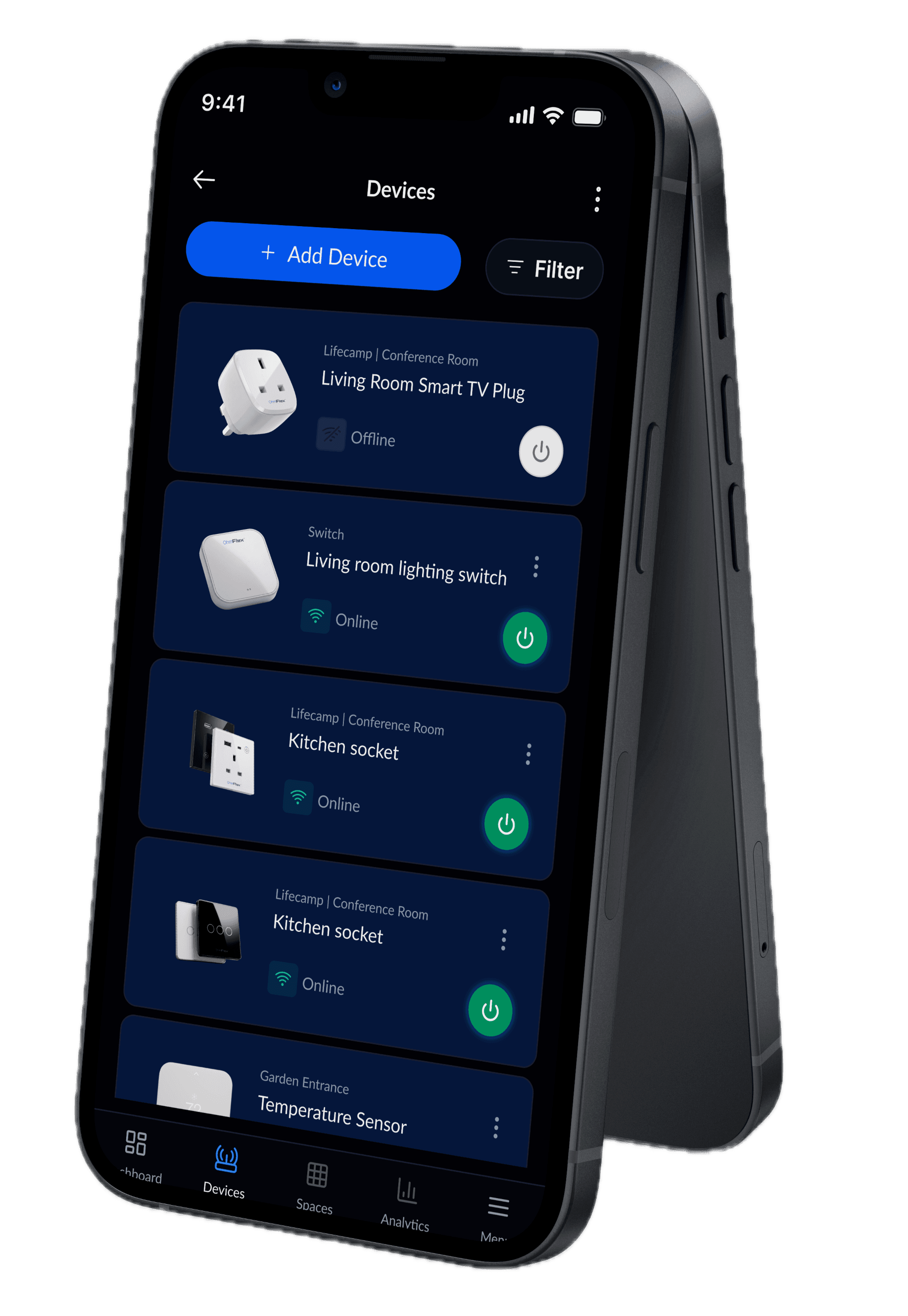 OhmFlex app on two iPhones showing the Devices dashboard