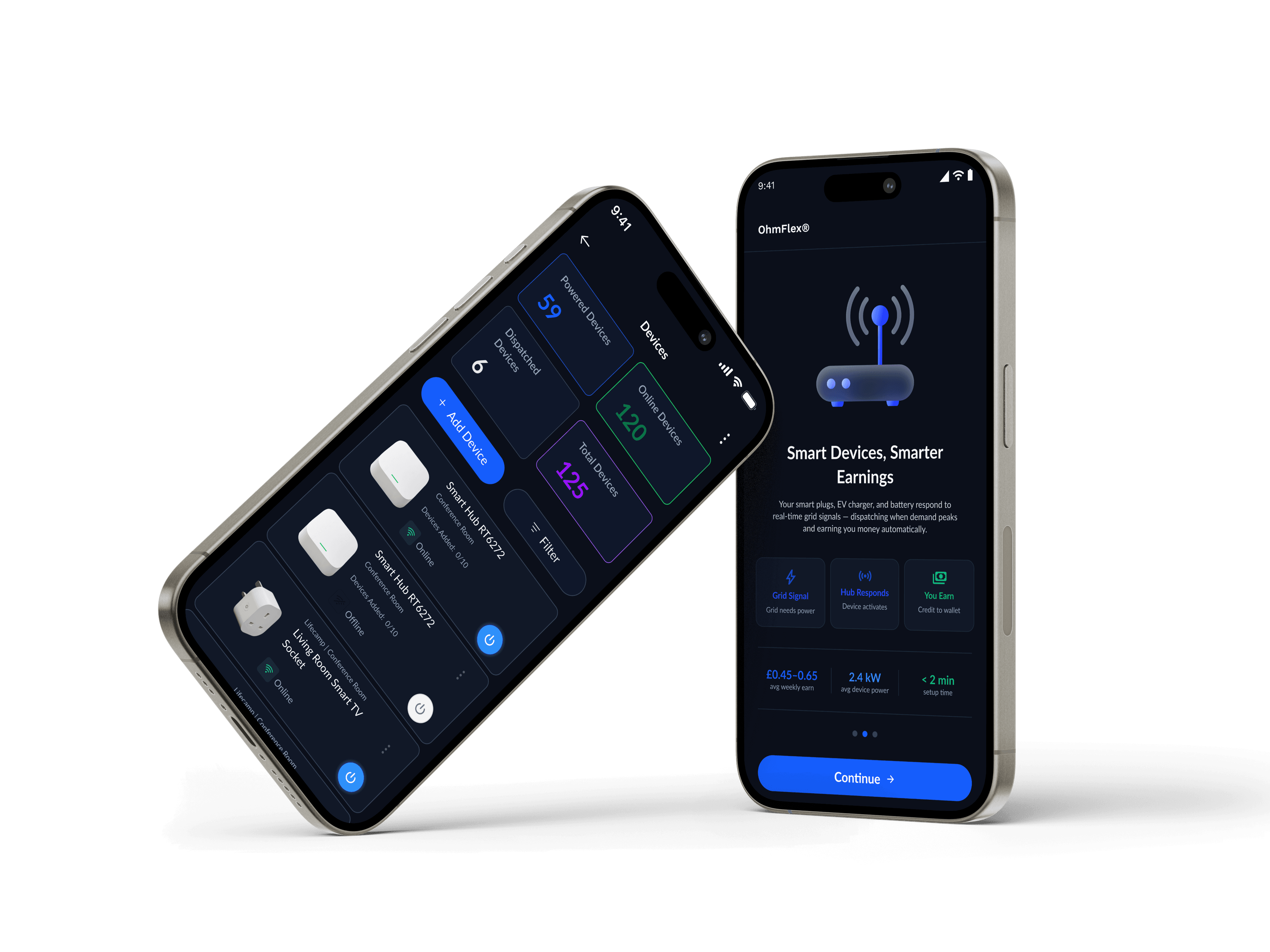 OhmFlex app on two iPhones - device list and smarter-earnings onboarding