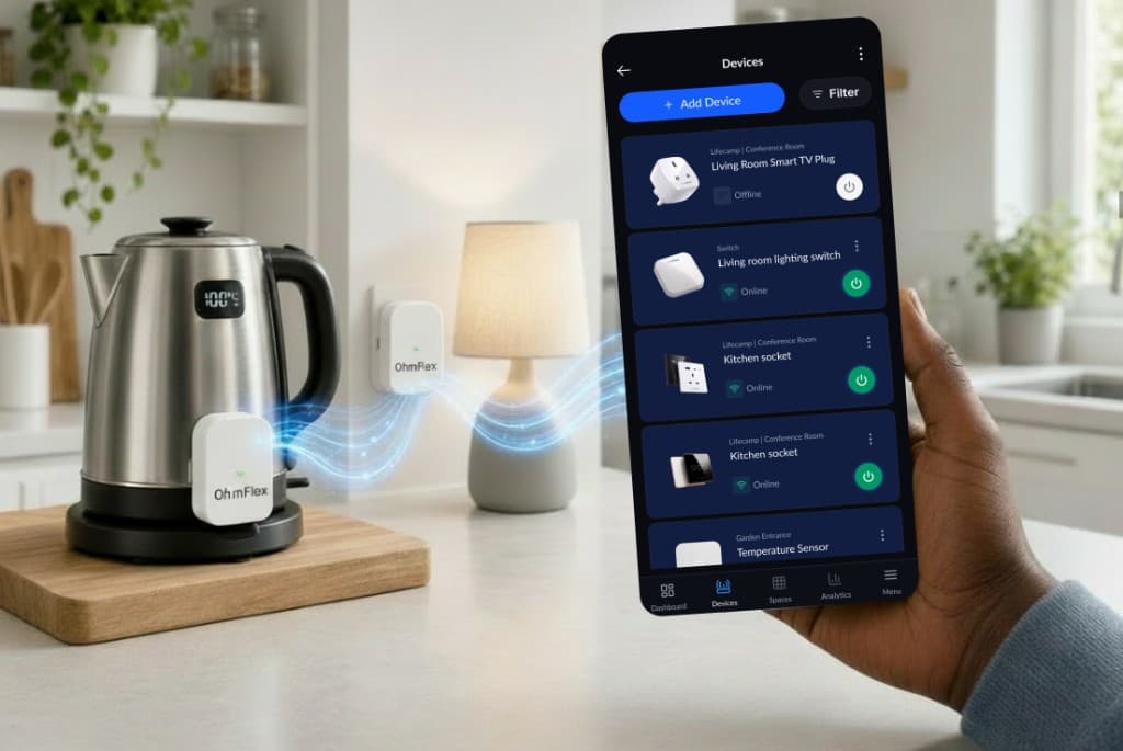 A hand holding the OhmFlex app as blue energy trails connect a kettle and lamp through smart plugs