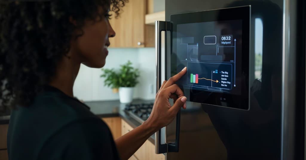 A woman touching the smart display built into a refrigerator door
