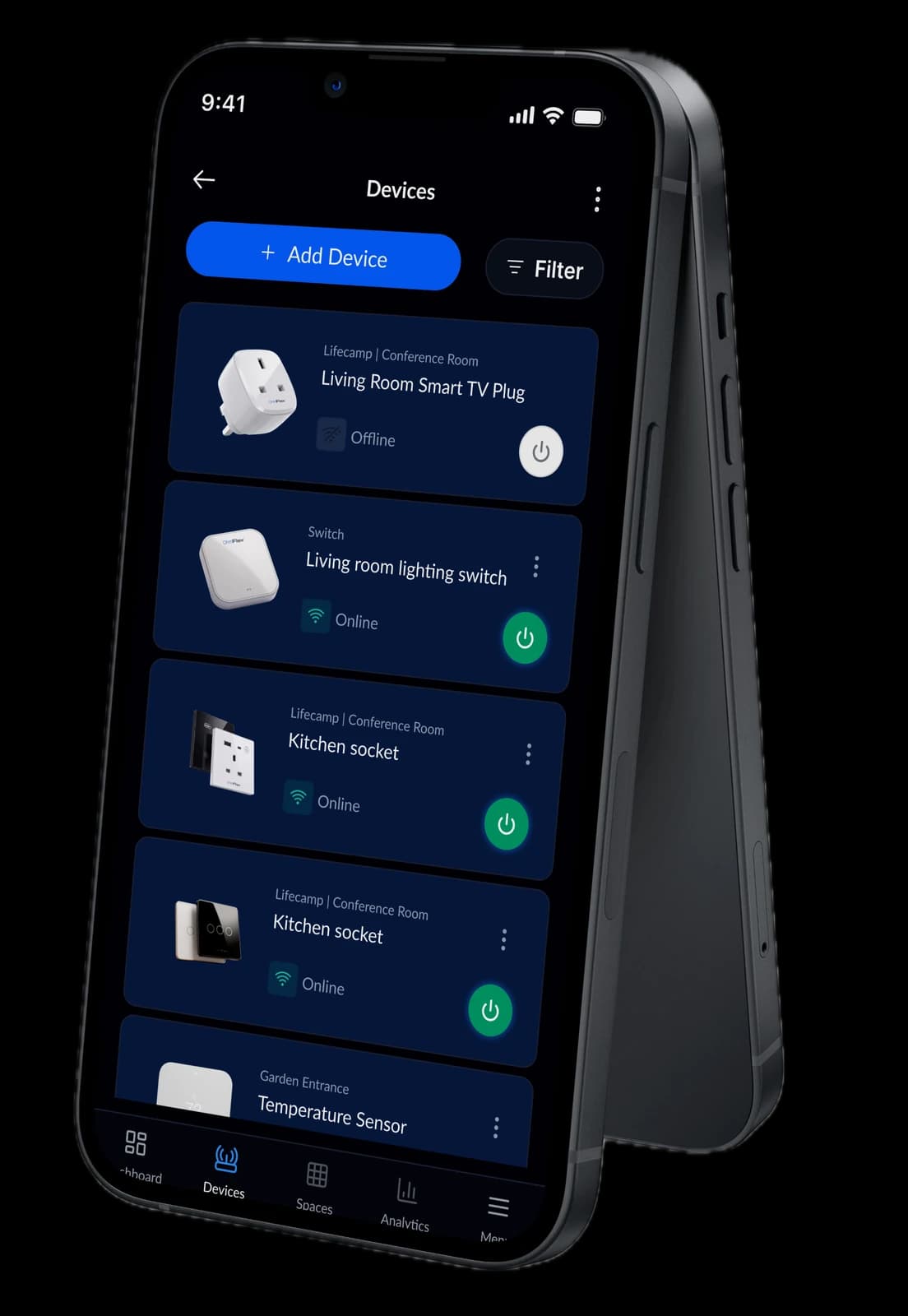 OhmFlex app on two iPhones showing the Devices dashboard