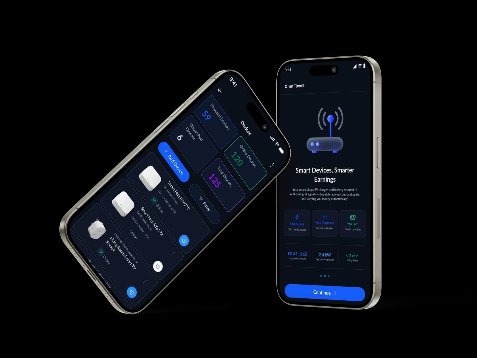 OhmFlex app on two iPhones - device list and smarter-earnings onboarding