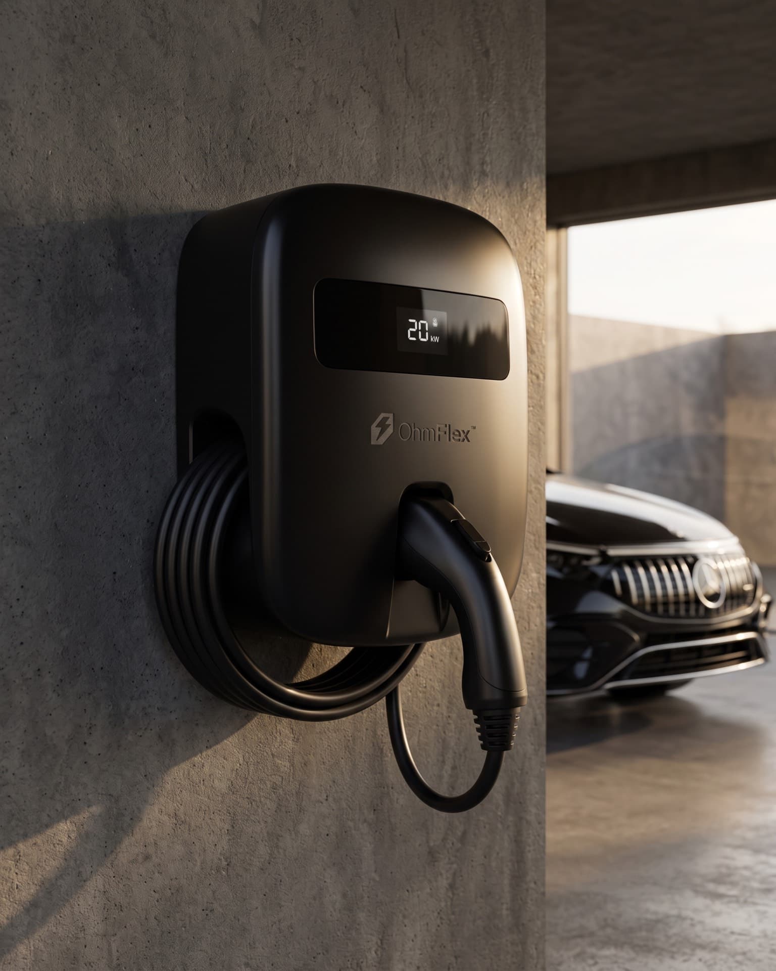 An OhmFlex EV charger and cable beside an electric car