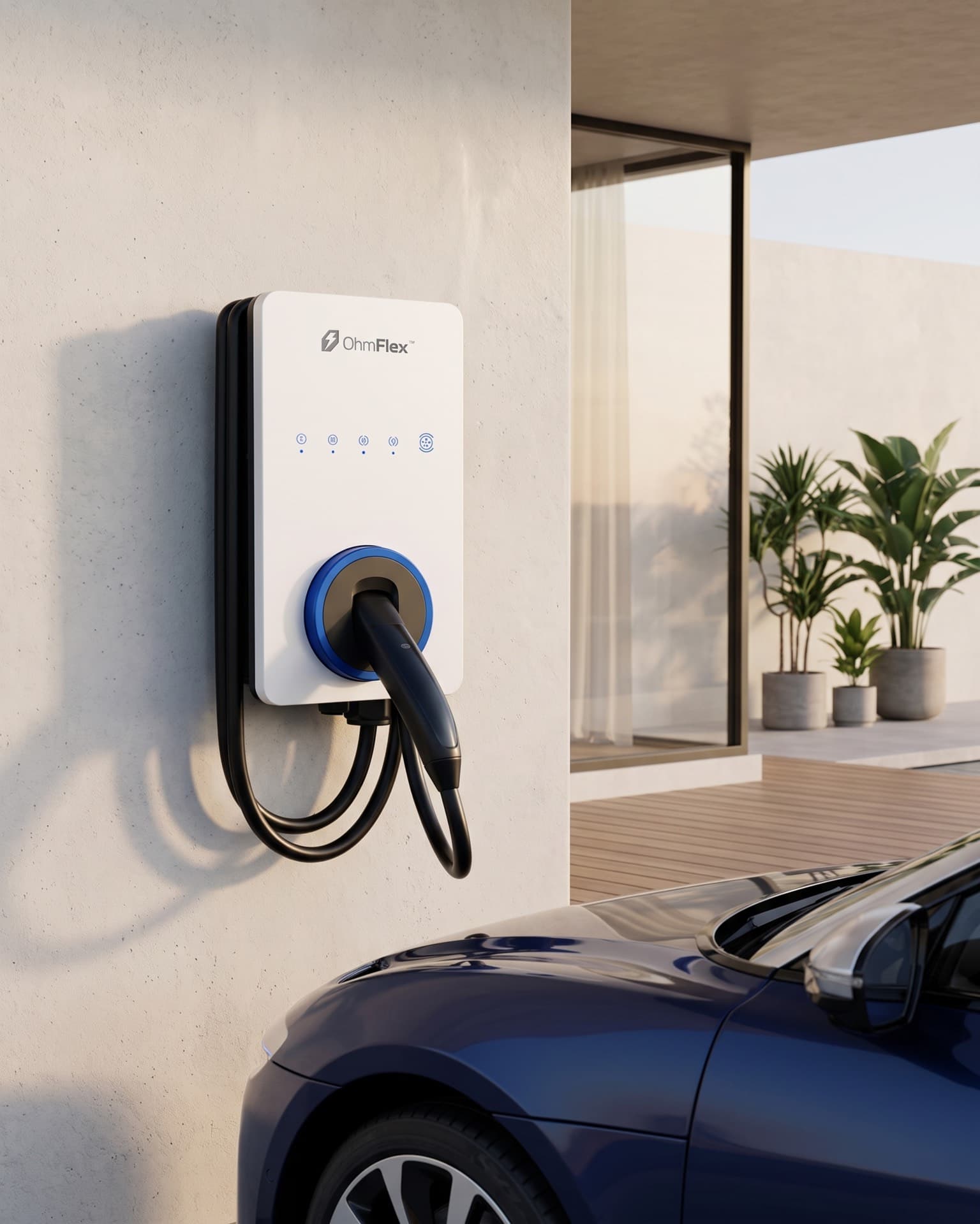 An OhmFlex EV charger mounted beside a dark electric car