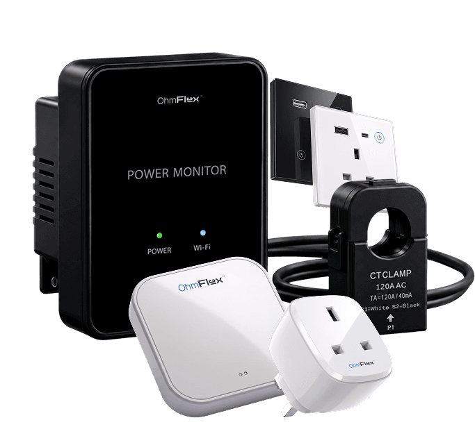 OhmFlex power monitor, smart wall sockets, CT clamp, smart hub, and smart plug