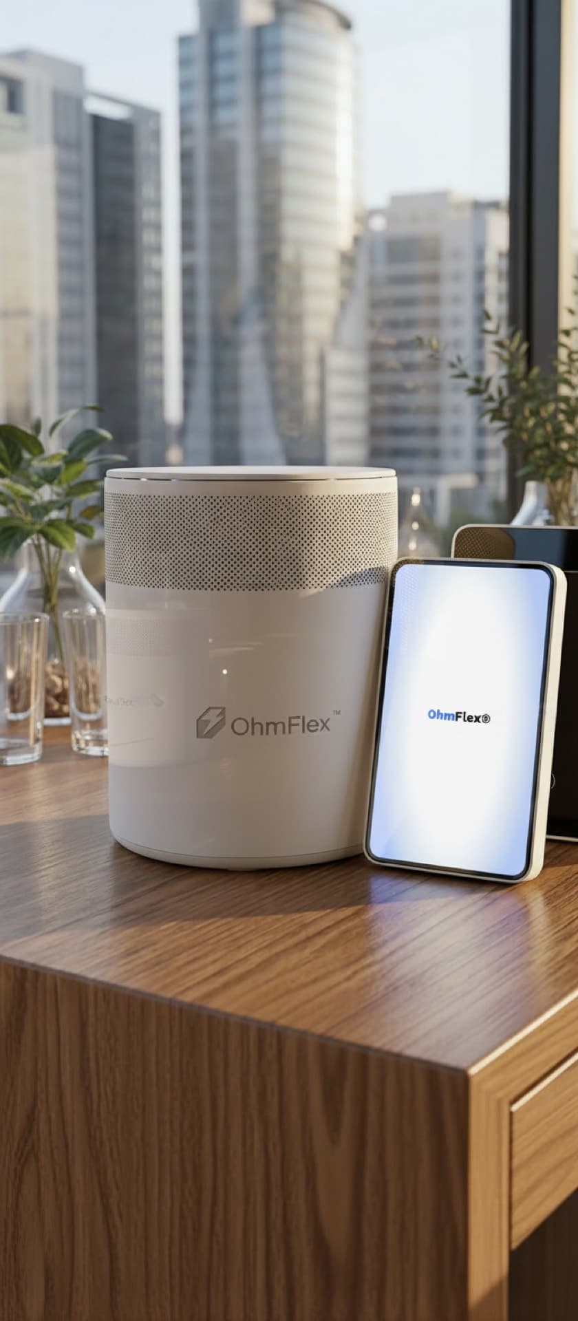 OhmFlex device and phone on a wooden table beside an office window